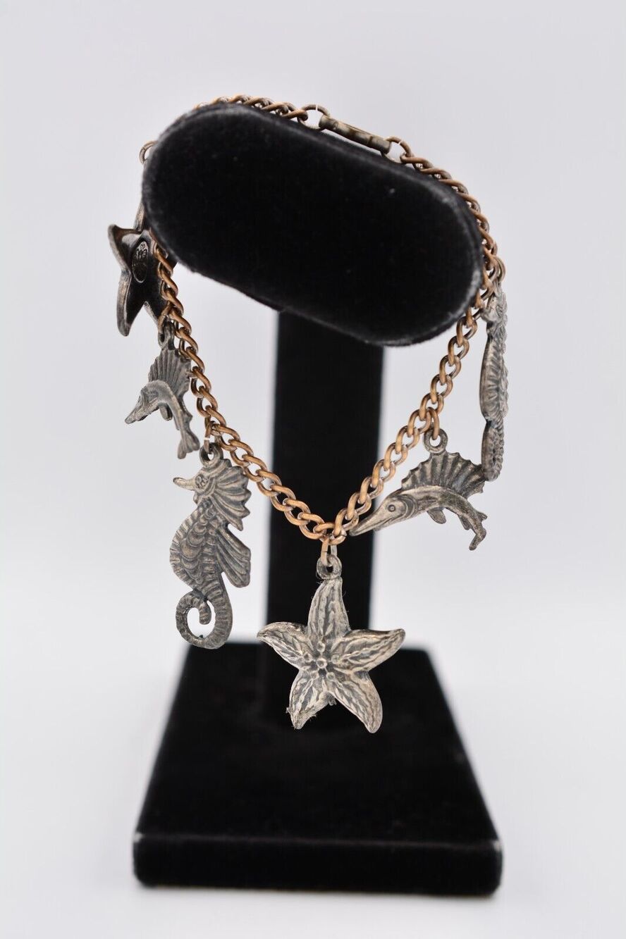 Sancrest Vintage Charm Bracelet Ocean Seahorse Starfish Dangle Beach 1970s Bin8